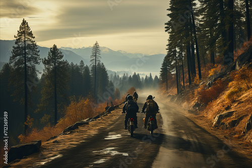 Motorcyclists riding on a paved road in the mountains amidst the forest with cloudy sky