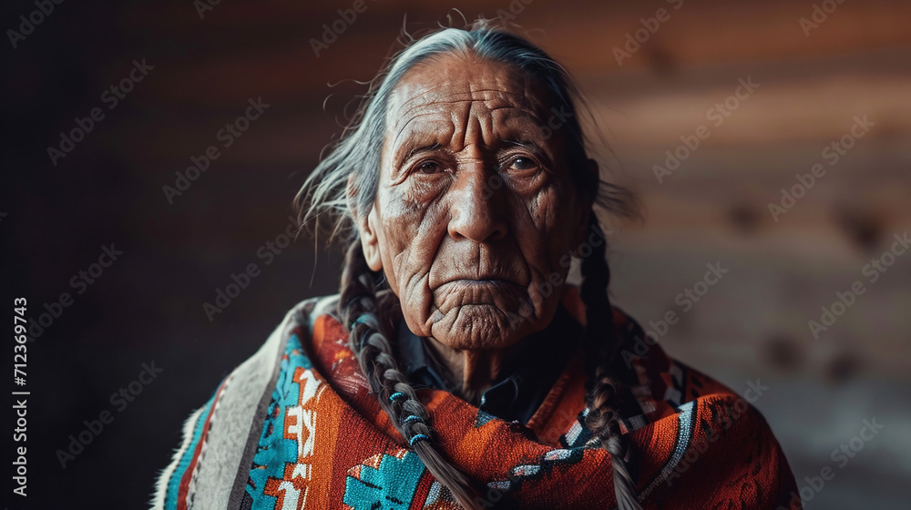 Portrait of American Indian man in traditional costume.
