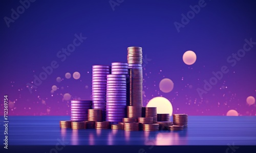 apartament and stack of coins with purple sky background, isometric 3d, octane render. Generative Ai