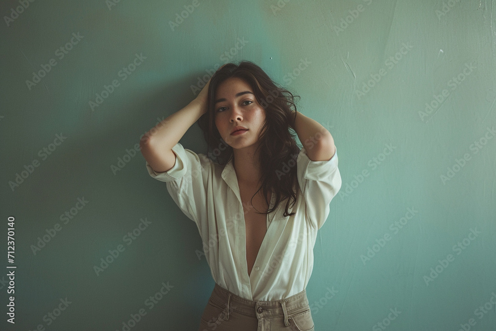 fashion young woman in a studio muted color background and minimalistic