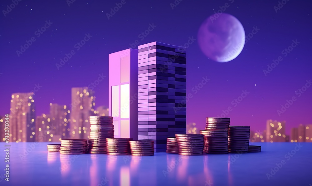 apartament and stack of coins with purple sky background, isometric 3d, octane render. Generative Ai



