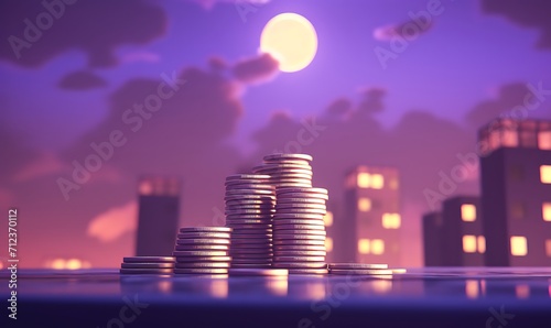 apartament and stack of coins with purple sky background  isometric 3d  octane render. Generative Ai   