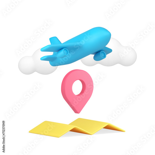 Travel booking agency service plane destination with map pin GPS location 3d icon realistic vector photo