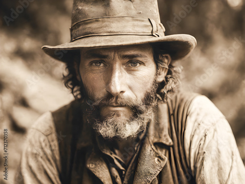 Mature man in cowboy hat with beard and mustache looking at camera © wannasak