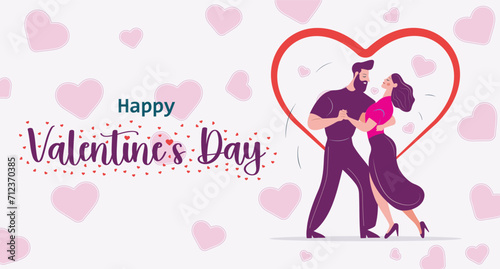 Happy Valentines day - couple man and woman dancing on hearts for valentines day typography greeting card