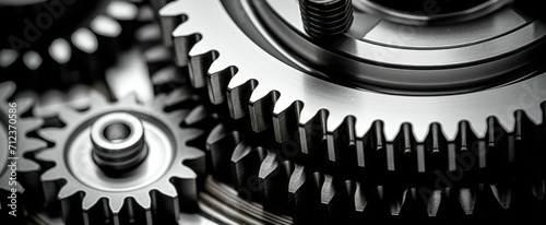 Close up of metal gear wheels, industrial background, selective focus.