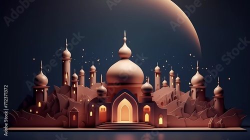 3D Eid Mubarak Design. Realistic Ramadan background with lanterns  for banners  greeting cards. generative ai