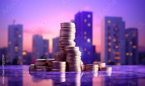 apartament and stack of coins with purple sky background, isometric 3d, octane render. Generative Ai


 photo