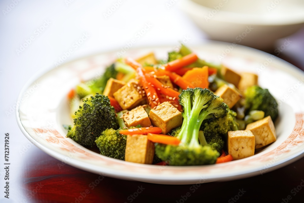 tofu cubes sizzling with broccoli and carrot slices
