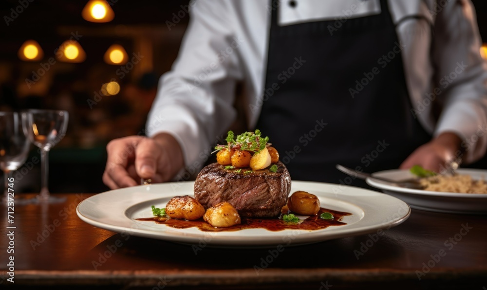 Chef serving beef tenderloin steak with sauce at the restaurant.