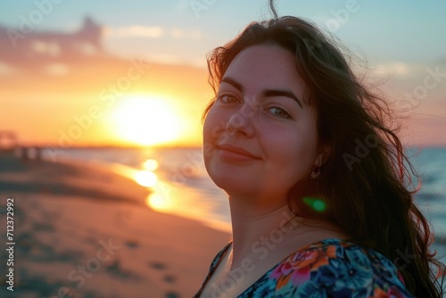 Portrait of a young woman on the beach at sunset in the summer. AI generated © Carlos Dominique