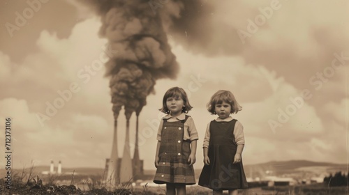 Two little girls against nuclear power plant. Black and white photo. AI generated