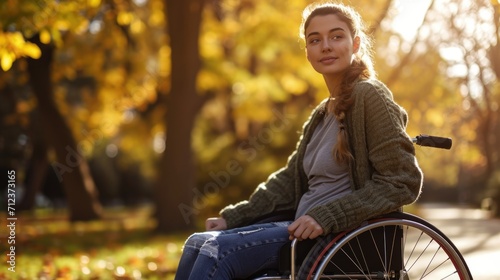 Portrait of a young disabled woman in wheelchair in the autumn park. AI generated