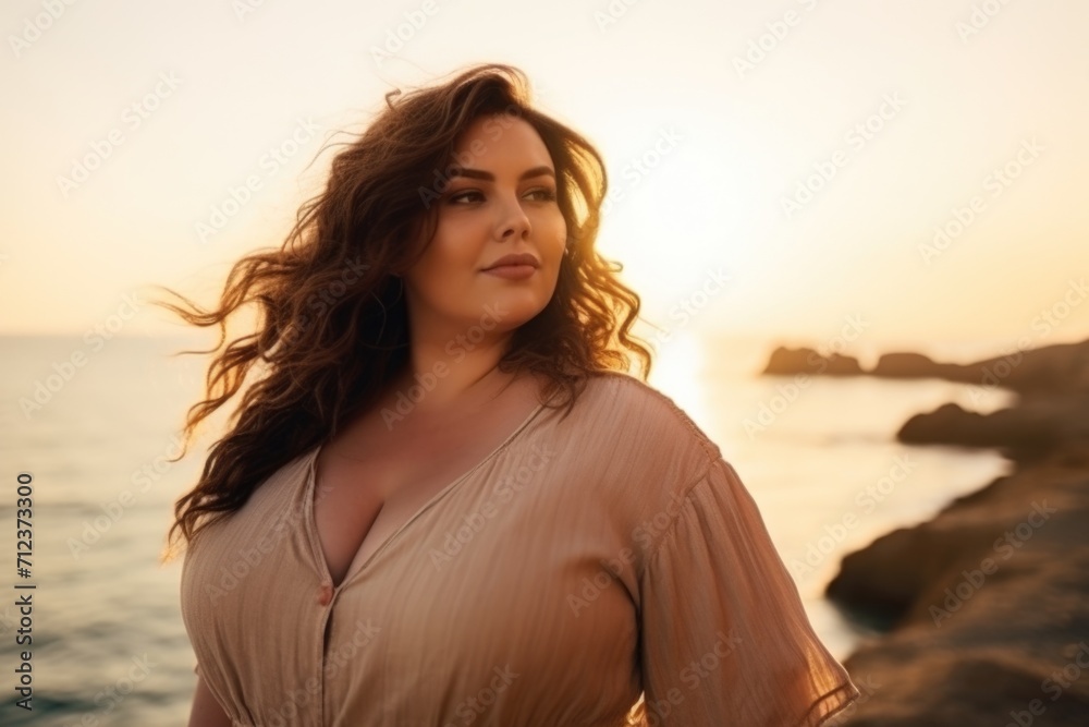 Portrait of a beautiful young brunette woman on the beach at sunset. AI generated Portrait of a beautiful young brunette woman on the beach at sunset. AI generated