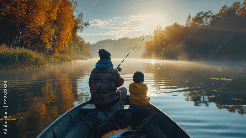 dad and son catch fish with a fishing rod, sit on a boat on the river bank, autumn - obrazy, fototapety, plakaty 