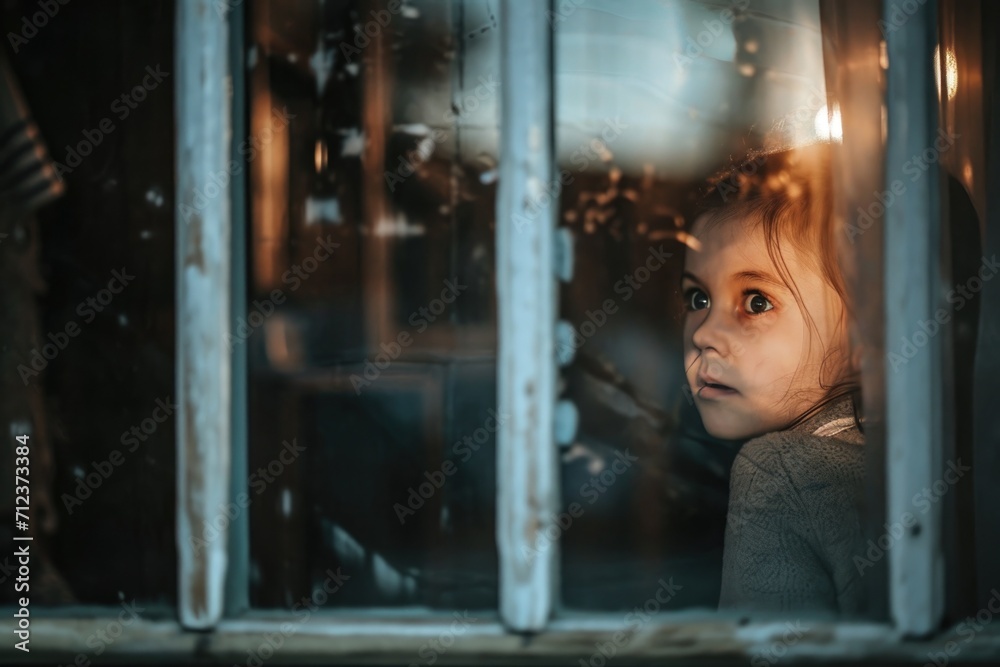 Portrait of a cute little girl looking through the window. Selective focus. AI generated Portrait of a cute little girl looking through the window. Selective focus. AI generated