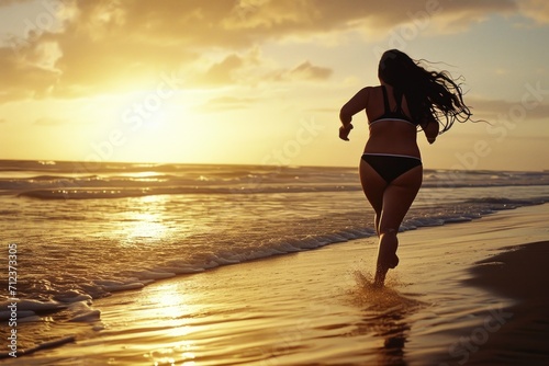 Beautiful young woman running on the beach at the sunset time. AI generated