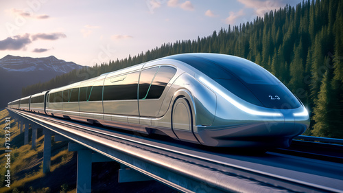 Futuristic high-speed train gliding through mountainous landscape