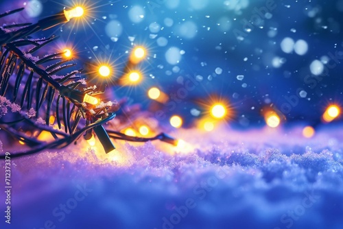 Abstract background Christmas lights in winter landscape with snow, lights bokeh blurred background © Areesha