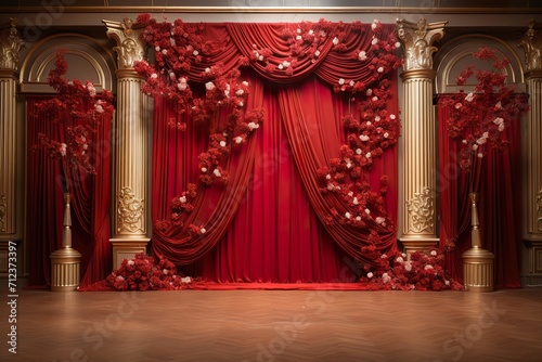 red with golden curtain wedding stage with flowers frames