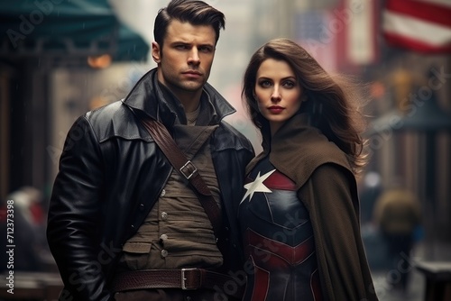 Portrait of a man and a woman patriots of their country against the background of a city street