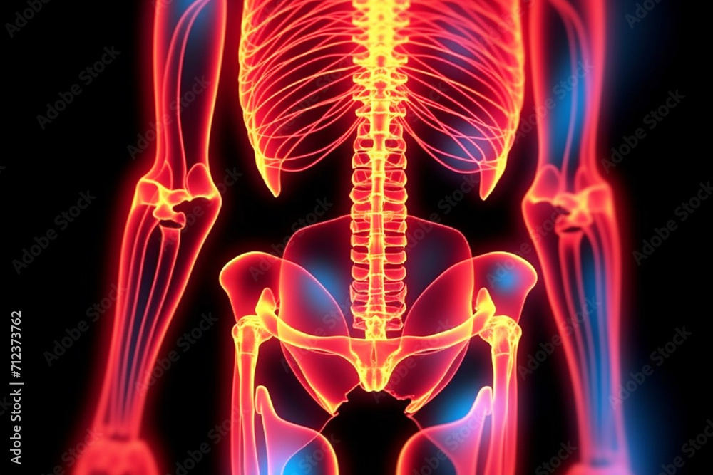 Anatomical human skeleton in neon red glow. Black background. Anatomical human skeleton in neon red glow. Black background.