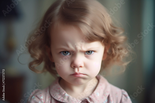 Angry little girl in the children's room, emotions expressed on the girl's face. photo