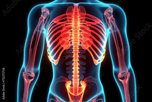 Anatomical human skeleton in neon red glow. Black background.