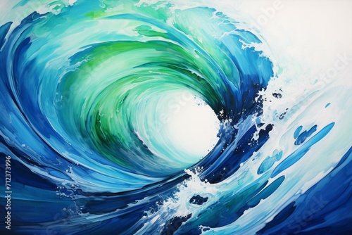 An artwork depicting a vibrant blue and green wave with a white backdrop, featuring a black base at the center. Generative AI