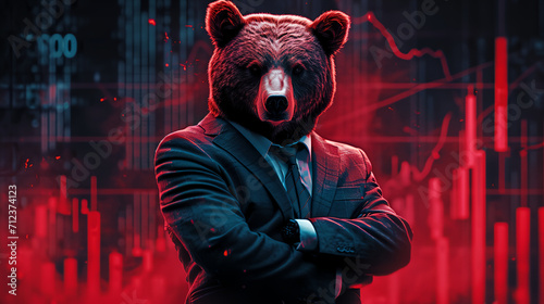 A bear as a businessman wearing suit stand with arm crossed with red candlestick charts background. Stock market downtrend concept