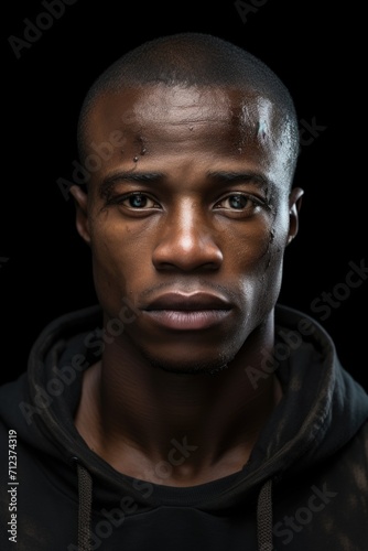 Portrait of a serious man of the African race on a black background