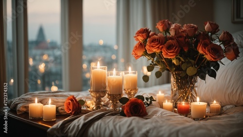 Valentines day bedroom decoration with glowing candles and red roses bouquet 