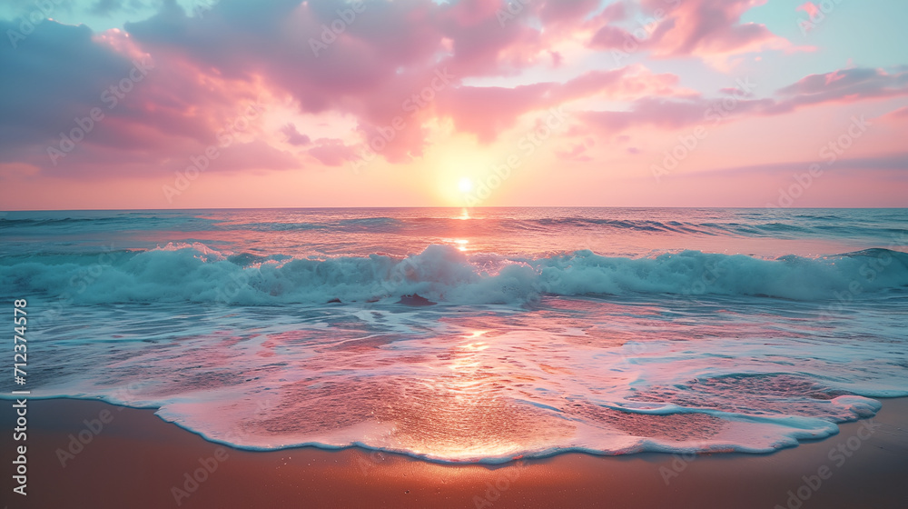 Fototapeta premium beautiful sunset over a pink sandy beach and ocean. spectacular beach scene, beach travel view background