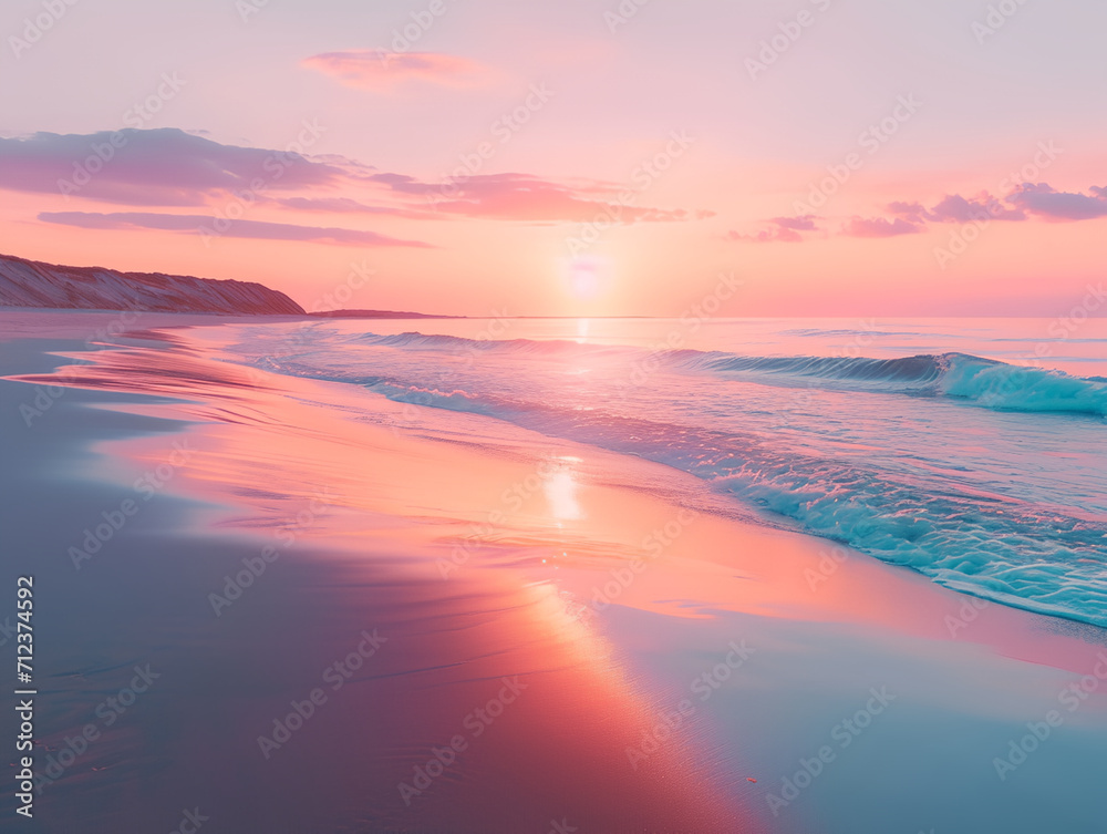 beautiful sunset over a pink sandy beach and ocean. spectacular beach scene, beach travel view background beautiful sunset over a pink sandy beach and ocean. spectacular beach scene, beach travel view background