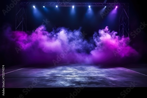 The dark stage shows, dark purple, multicolored background, an empty dark scene, neon light, spotlights The asphalt floor and studio room with smoke float up the interior texture