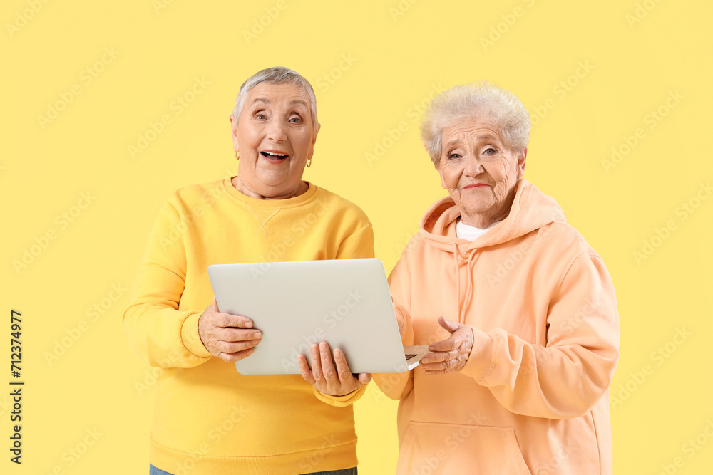 Senior female friends with laptop on yellow background Senior female friends with laptop on yellow background