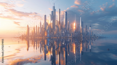 Futuristic cityscape at sunset