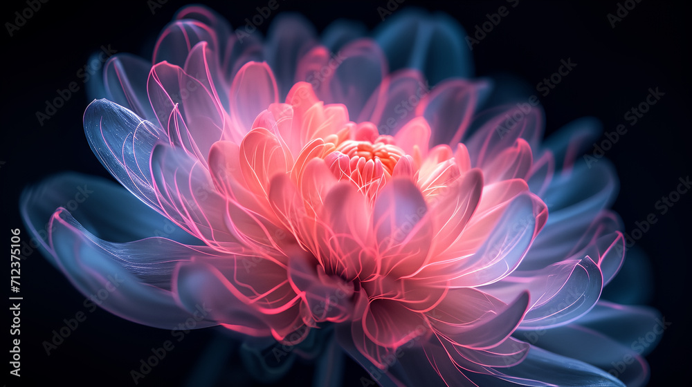 Closeup of a pink Chrysanthemum flower with semi transparent petals, fantasy flower on black background

