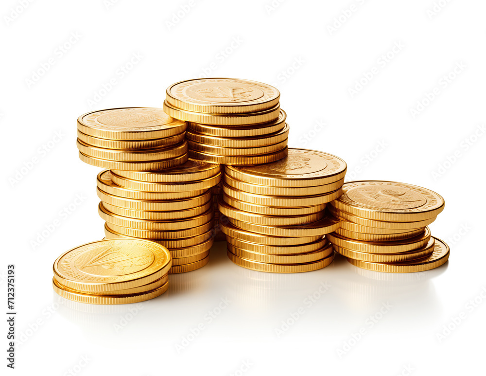 A close-up image showcasing stacks of shiny golden coins isolated on a white background, symbolizing wealth and savings. A close-up image showcasing stacks of shiny golden coins isolated on a white background, symbolizing wealth and savings.