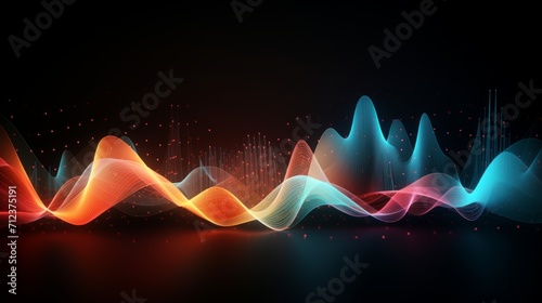 Vibrant 3d sound waves in abstract colorful motion on dark background - dynamic data visualization and abstract points graph - digital art illustration for multimedia and technology