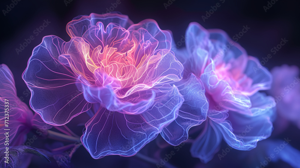 Closeup of a purple carnation flower with semi transparent petals, fantasy flower on black background
Closeup of a purple carnation flower with semi transparent petals, fantasy flower on black background