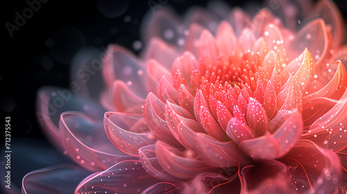 Closeup of a pink Chrysanthemum flower with semi transparent petals, fantasy flower on black background 