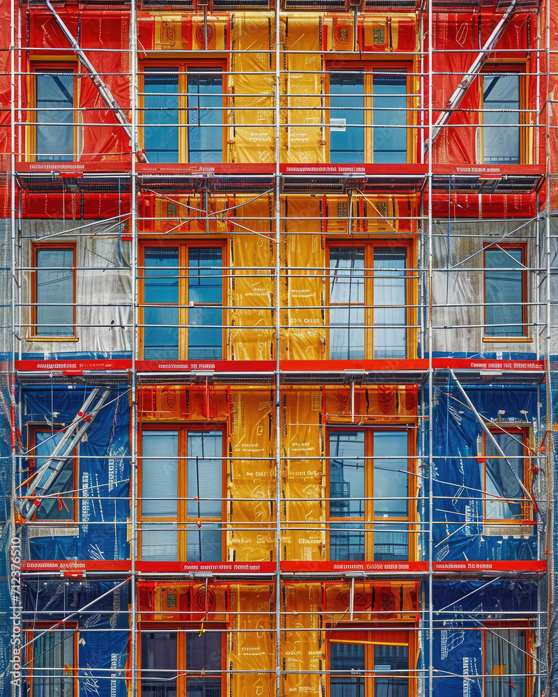 Building construction apartment facade covered in scaffolding