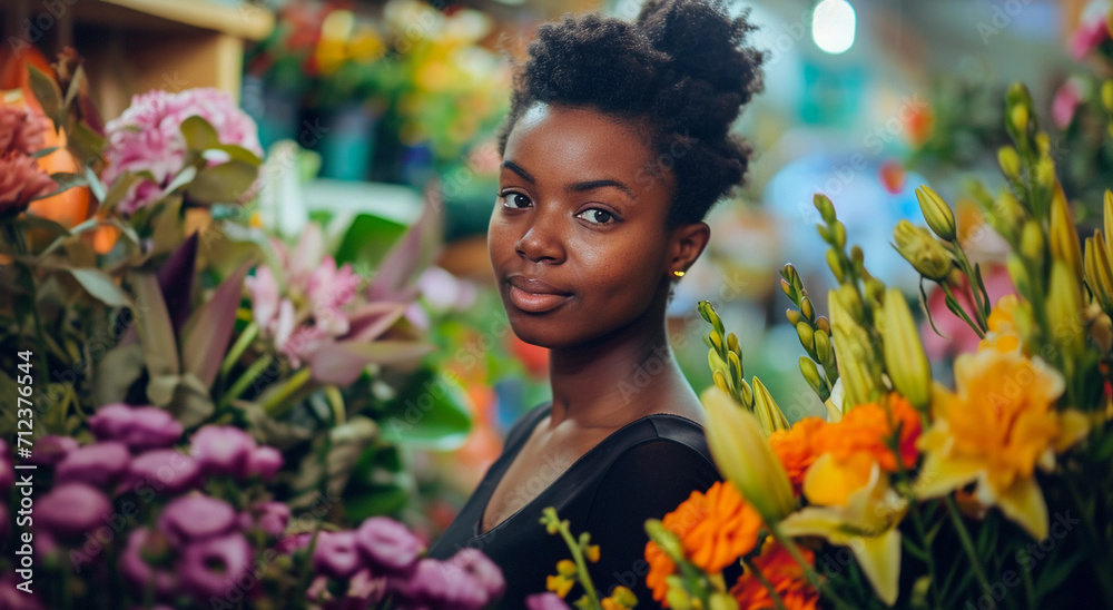 African woman in a flower shop