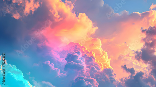 Assorted intensely iridescent rainbow-chromed clouds. Horizontal background. High quality