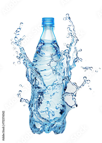product photo of plastic water bottle, water splash  on transparent background 