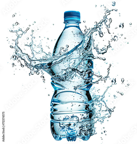 product photo of plastic water bottle, water splash  on transparent background  photo