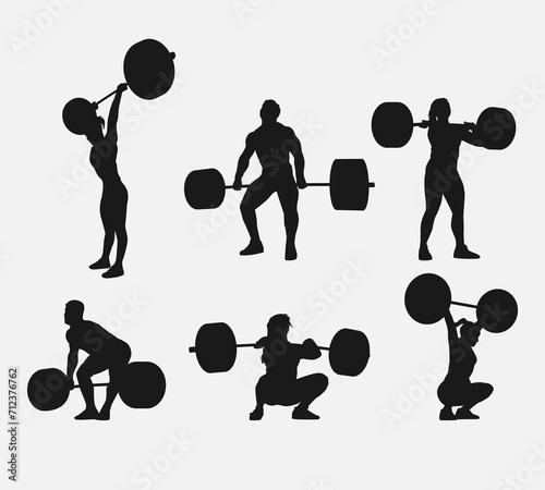 weightlifting silhouette set. male and female athlete, weightlifter, sport. isolated on white background. vector illustration.