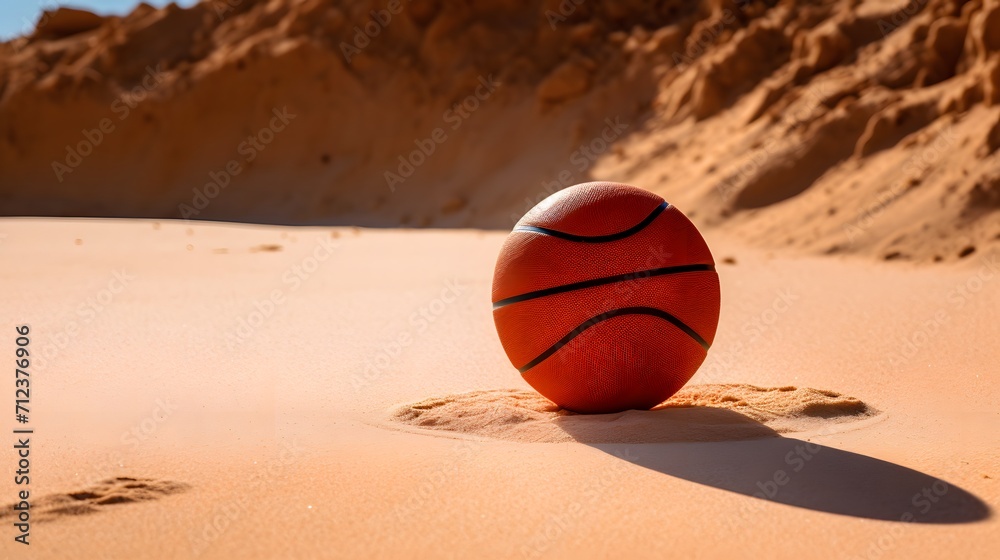 A basketball on the ground in the sun
