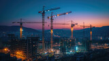 Tower cranes and building development construction at dusk Scene